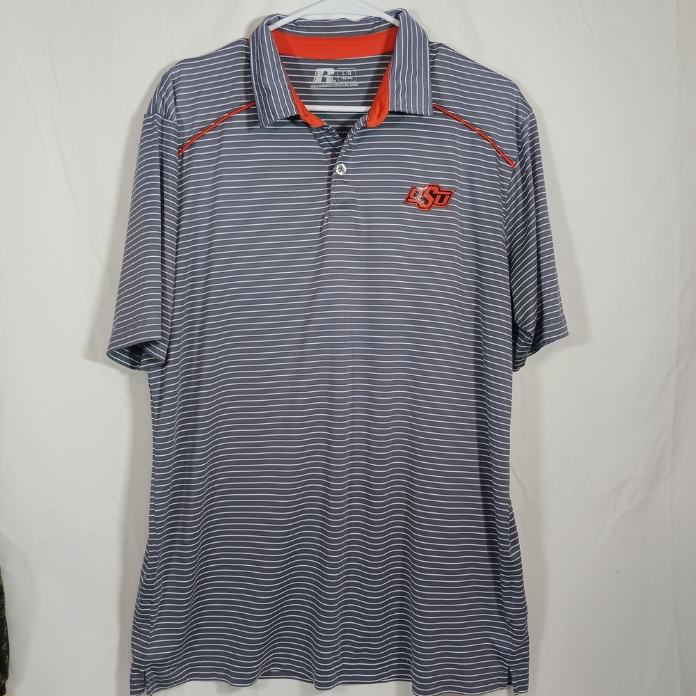 Russell Polo Shirt Mens Large Gray Excellent Oklahoma State OSU Cowboys Striped
